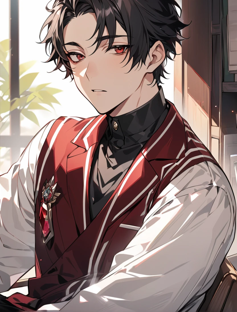 (black_hair), (short_hair), (deep_red_eyes), (Handsome), (Attractive), (male), (unique_white_and_black_highschool_uniform), (detailed_Hair), (detailed_mouth), (Teenager), (dark_under_eyes), (gem_like_eyes), (japanese)