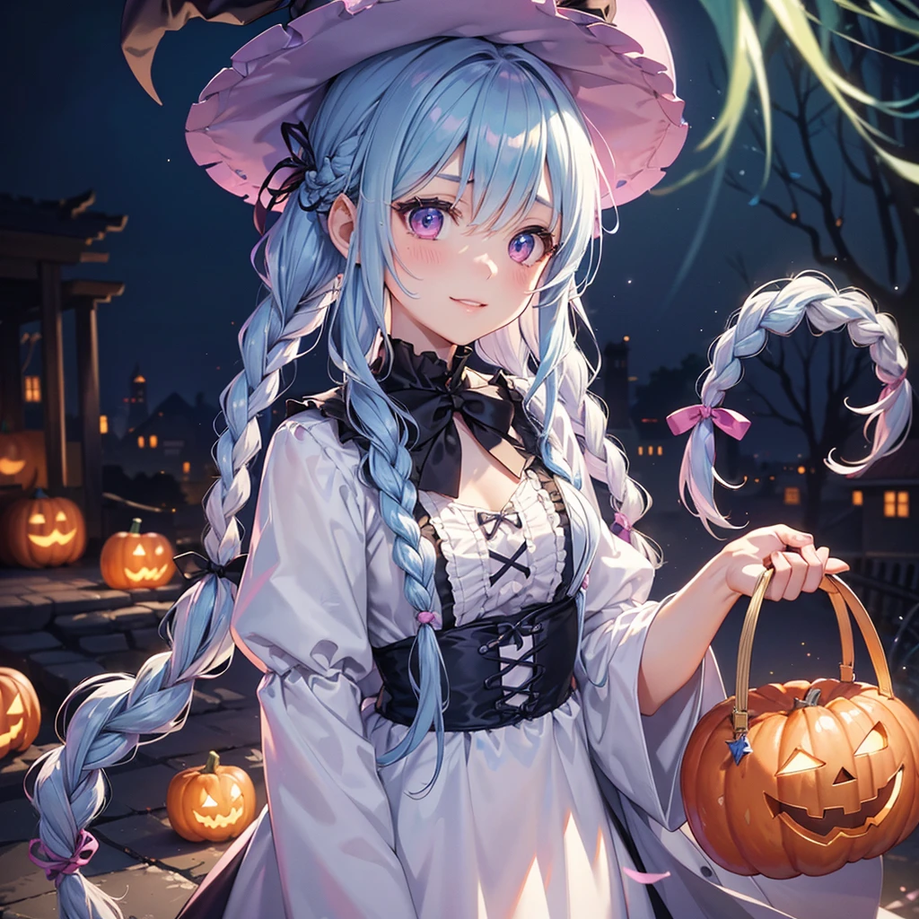 (Light blue medium hair),(Braided hair tied together)、Pink eyes、Fair skin、cowboy shot、Halloween、The background is a pumpkin ghost、Trick or Treat、A lot of sweets、witch、Halloweenナイトパーティー、Candy、A surprising smile、A dignified figure、solo、(masterpiece、Highest quality、Very detailed、Best Shadow)、(Detailed Background)、(Beautifully detailed face)、High contrast、(Best lighting、Very delicate and beautiful)、(Cinematic Light)、colorful、Hyper Detail、Dramatic Light、Exquisite detail、