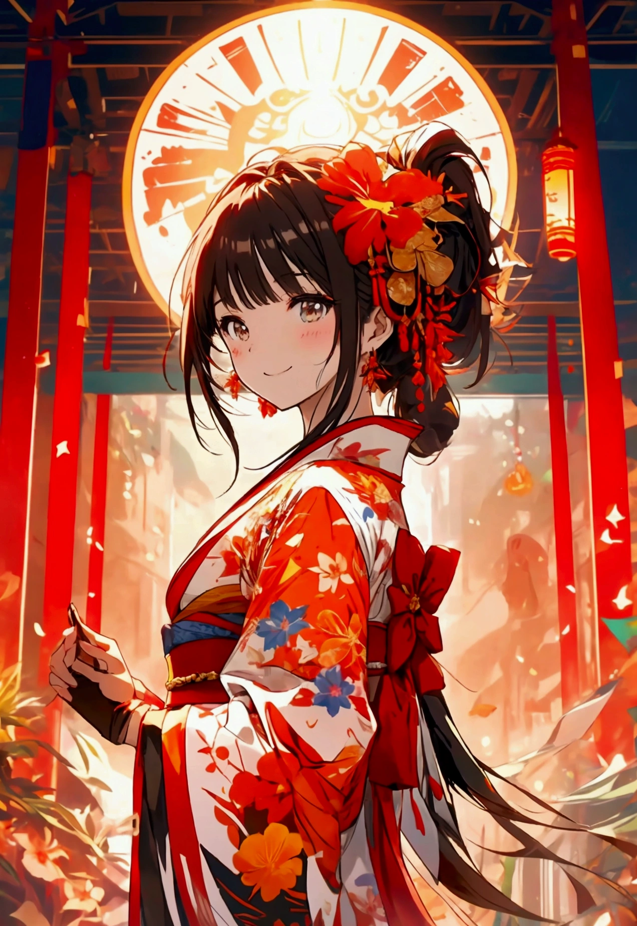 Character Design:
• Hair: Fiery red and orange gradient, appearing to flicker like flames in the light of the summer festival.
• Clothing: Modern-style yukata with flame motifs, incorporating red, orange, and gold hues.
• Accessories: Floral hairpieces and a fan matching the yukata, holding a bag with a goldfish caught at the festival.
Summer Festival Scene:
1. Background:
• Stalls: Rows of food and game stalls illuminated by lanterns, with bustling activity around yakisoba, takoyaki, shaved ice, and other stalls.
• People: Various festival-goers in yukata, including families, couples, and friends, enjoying the summer festival.
2. Activities:
• Food: The phoenix woman enjoying a red shaved ice or a golden cotton candy, reflecting her fiery color palette.
• Games: Participating in activities like shooting games or yo-yo fishing, focusing intently on the target or smiling as she catches a yo-yo.
3. Special Moments:
• Fireworks: A scene with fireworks lighting up the night sky, with the phoenix woman illuminated by the colorful bursts, creating a magical atmosphere.
• Dancing: Participating in traditional bon dance, her movements graceful and flowing like flames, blending tradition with her unique beauty.
Color Palette:
• Phoenix Woman: Dominantly red, orange, and gold.
• Background and Accessories: Colorful festival lanterns and stalls, with the night sky and fireworks adding additional vibrancy.
Concept:
• Capture the liveliness and joy of a summer festival while highlighting the phoenix woman’s mystical allure.
• Blend everyday festival scenes with the extraordinary beauty of the phoenix, creating a visually captivating moment.Detailed fractal art、花火との美Shii色彩コントラスト、The goddess、Rin々Shii、Hall々It is said that