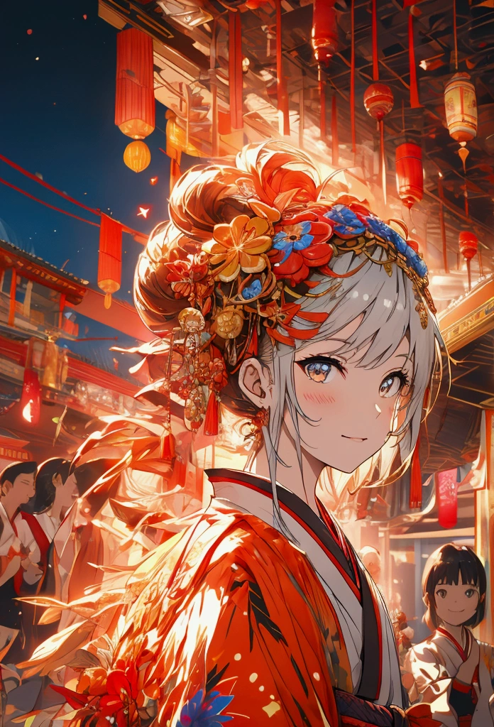 Character Design:
• Hair: Fiery red and orange gradient, appearing to flicker like flames in the light of the summer festival.
• Clothing: Modern-style yukata with flame motifs, incorporating red, orange, and gold hues.
• Accessories: Floral hairpieces and a fan matching the yukata, holding a bag with a goldfish caught at the festival.
Summer Festival Scene:
1. Background:
• Stalls: Rows of food and game stalls illuminated by lanterns, with bustling activity around yakisoba, takoyaki, shaved ice, and other stalls.
• People: Various festival-goers in yukata, including families, couples, and friends, enjoying the summer festival.
2. Activities:
• Food: The phoenix woman enjoying a red shaved ice or a golden cotton candy, reflecting her fiery color palette.
• Games: Participating in activities like shooting games or yo-yo fishing, focusing intently on the target or smiling as she catches a yo-yo.
3. Special Moments:
• Fireworks: A scene with fireworks lighting up the night sky, with the phoenix woman illuminated by the colorful bursts, creating a magical atmosphere.
• Dancing: Participating in traditional bon dance, her movements graceful and flowing like flames, blending tradition with her unique beauty.
Color Palette:
• Phoenix Woman: Dominantly red, orange, and gold.
• Background and Accessories: Colorful festival lanterns and stalls, with the night sky and fireworks adding additional vibrancy.
Concept:
• Capture the liveliness and joy of a summer festival while highlighting the phoenix woman’s mystical allure.
• Blend everyday festival scenes with the extraordinary beauty of the phoenix, creating a visually captivating moment.Detailed fractal art、花火との美Shii色彩コントラスト、The goddess、Rin々Shii、Hall々It is said that
