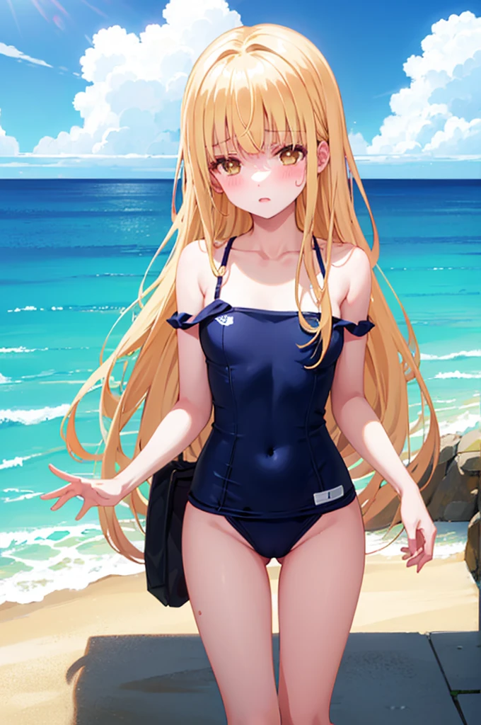 Random patterned swimsuit,Sexy Bikini、Random pose、,Blushing、Pale brown eyes、Light blonde、Semi-long hair、、、Head to toe full body、Blushing、Embarrassed look、Composition from the front、A view from slightly below、school swimwear、Acme Face、Random pose、, 、nsfw、Highest quality、1 girl、solo、Ocean、Sandy Beach、Sexy pose、Random pose、Blushing、Wet、Embarrassed、I can see half of my 、、One piece swimsuit、(Strap slip:1.3)、School Swimsuit