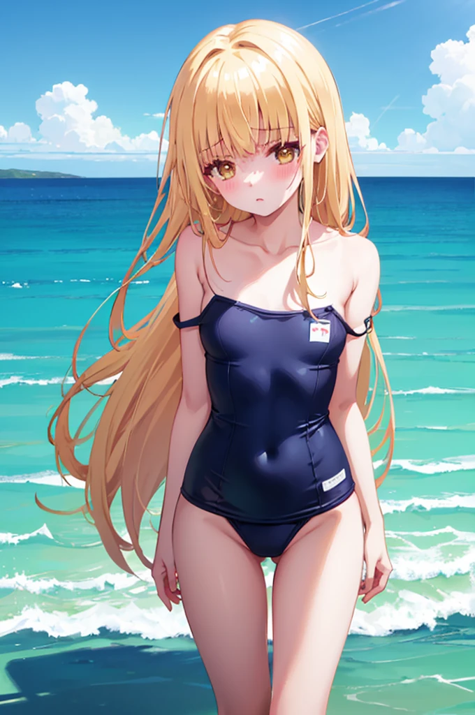 (NSFW:1.1), masterpiece, Highest quality, Ultra-high resolution, Highest Resolution, Very detailed, whole body, thin, very cute,、Complete limbs、Shining Eyes、Full Finger、Slender beauty、Blonde, Bun Hair、Embarrassed look、Writhing expression、Pink、Wear a school swimsuit、Glowing Skin、Knee-length、beach, tree
