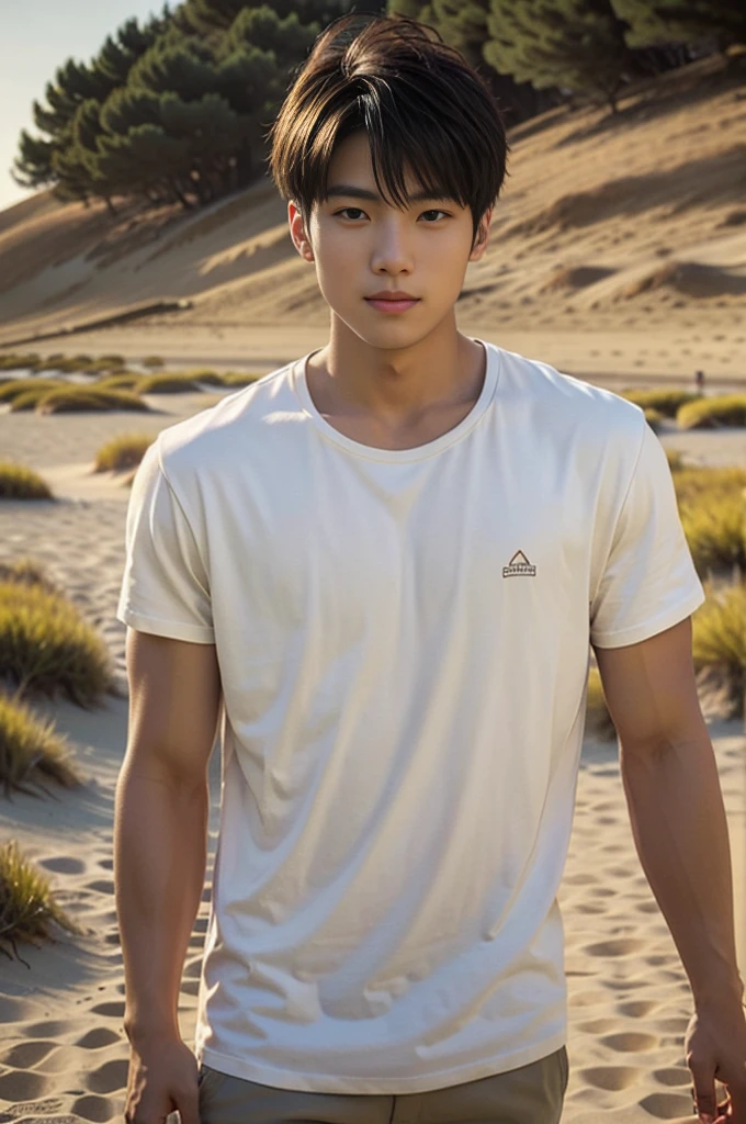 A young Asian man stands, handsome, muscular, looking at the camera. In a plain brown t-shirt, Fieldside, grass, beach, sunlight