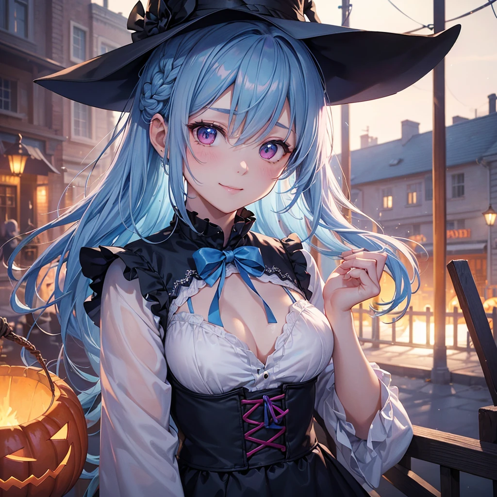 (Light blue medium hair),(Braided hair tied together)、Pink eyes、Fair skin、cowboy shot、Halloween、The background is a pumpkin ghost、Trick or Treat、A lot of sweets、witch、Halloweenナイトパーティー、Candy、Cosplay、A surprising smile、A dignified figure、solo、(masterpiece、Highest quality、Very detailed、Best Shadow)、(Detailed Background)、(Beautifully detailed face)、High contrast、(Best lighting、Very delicate and beautiful)、(Cinematic Light)、colorful、Hyper Detail、Dramatic Light、Exquisite detail、