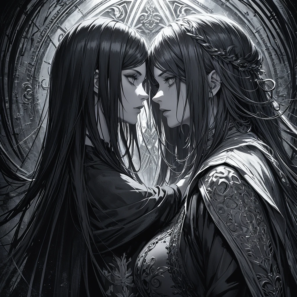 ionism, dark and moody, black and white, hauntingly beautiful, intricate details of characters' facial features, magical elements, eerie atmosphere, theatrical lighting, deep shadows, intense emotions, dramatic composition, mystical and surreal.
