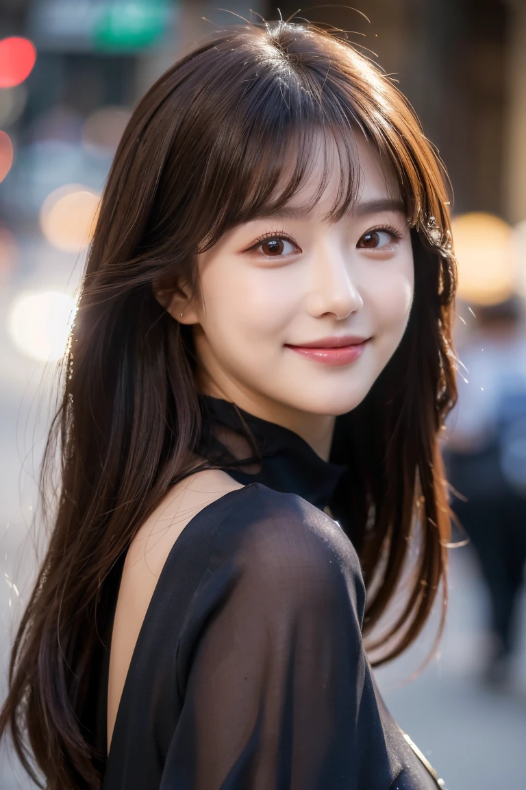 ((best quality, 8k, masterpiece :1.3)), 1 girl, smiling, whole body, face slimming, pretty Woman, (Dark brown hair), full length dress :1.1, Super detailed faces, delicate eyes, double eyelids, blurred background, face slimming, City, external, street,