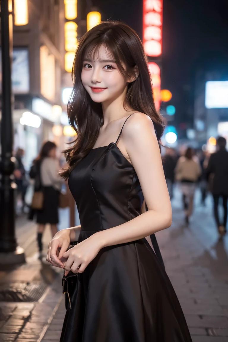 ((best quality, 8k, masterpiece :1.3)), 1 girl, smiling, whole body, face slimming, pretty Woman, (Dark brown hair), full length dress :1.1, Super detailed faces, delicate eyes, double eyelids, blurred background, face slimming, City, external, street,