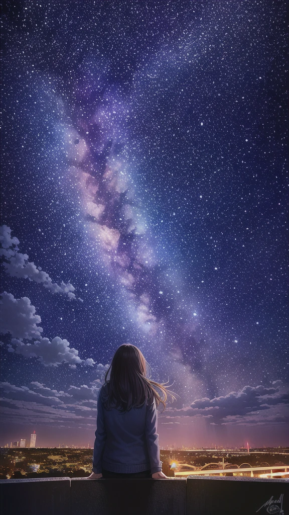 octans, sky, star (sky), scenery, starry sky, night, 1girl, night sky, solo, outdoors, signature, building, cloud, milky way, sitting, tree, long hair, city, silhouette, cityscape