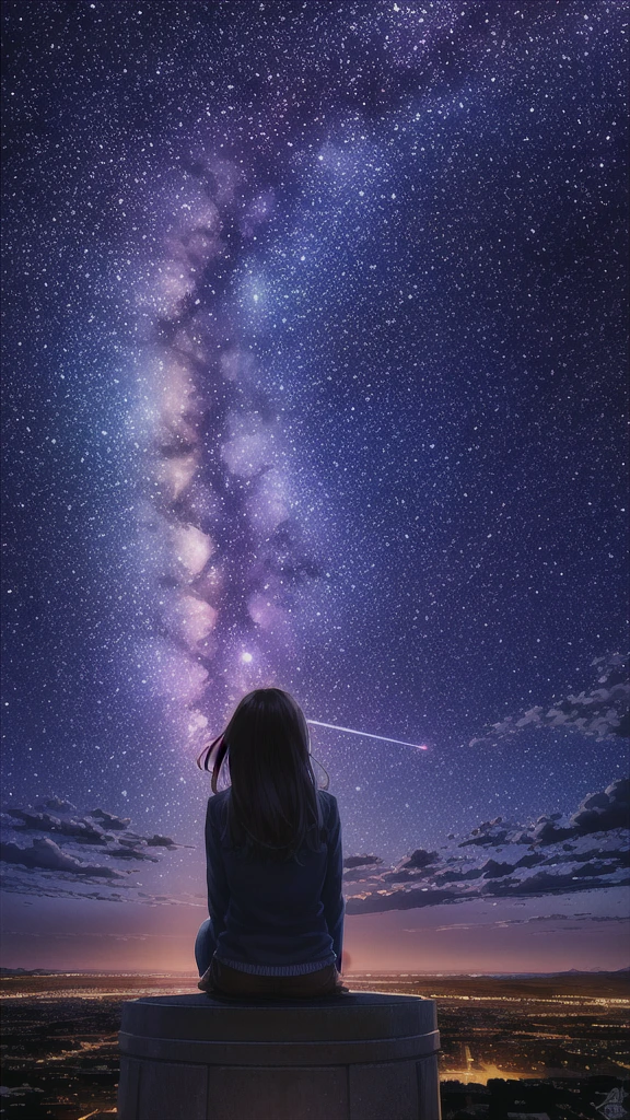 octans, sky, star (sky), scenery, starry sky, night, 1girl, night sky, solo, outdoors, signature, building, cloud, milky way, sitting, tree, long hair, city, silhouette, cityscape