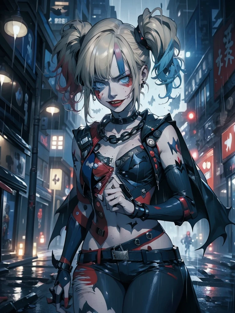 masterpiece, Best quality, Super detailed, illustration, beautiful detailed eyes, full length, ((distant view, wide angle 1.31)), On the outside, young woman, Harley Quinn, intricate design, complex shaped lace tights, two hair tails (blue and red tail), sexual, Face to face, split, full length (full body 1.1.), very feminine, fighting stance, (masterpiece), magic photography, Spectacular lighting, Photorealism, ultra detailed, intimate portrait composition, 1. 4,8 k UHD, aesthetic, Cd., A high resolution, 8 k, better lighting, Best shade, Ultra-HD, A high resolution, sharp focus, Complex background, Cinematic lighting, ((Landscape view)), 4K block, (better lighting), ((Cinematic lighting)),