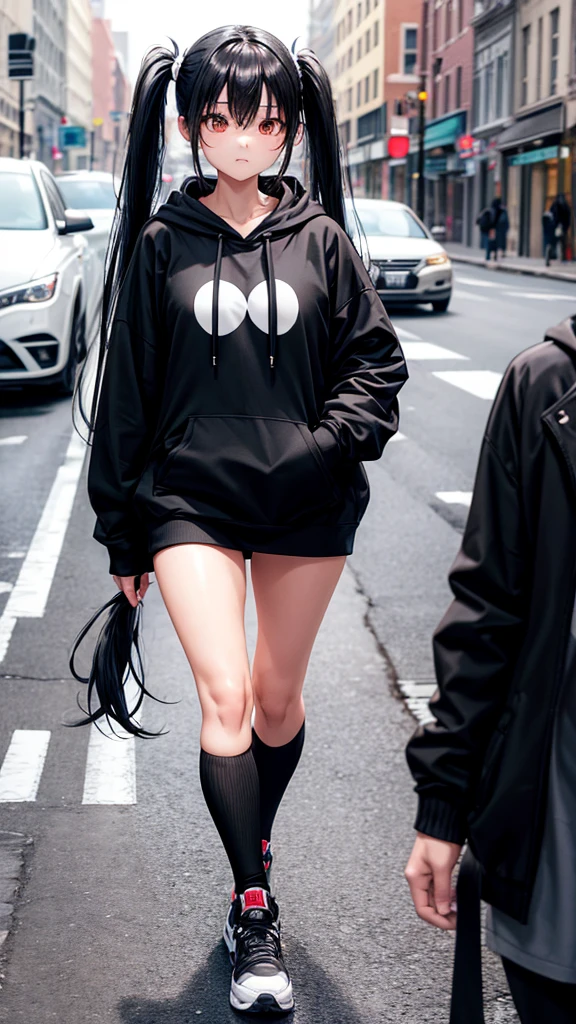 Full body, A young woman with long black hair tied in twin tails, wearing a black and white hoodie and black leggings, walks down a street in a city, sport shoes.

[soft lighting, warm colors, smooth textures, slight blur effect on the background, shallow depth of field]