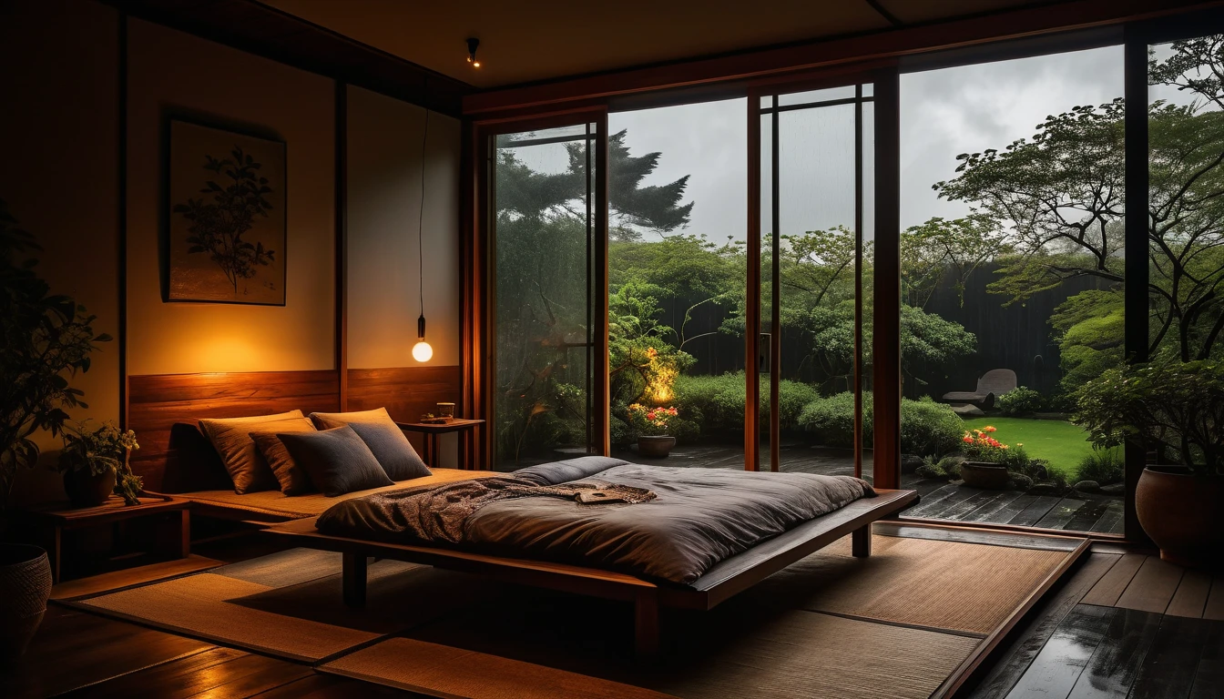 The picture shows a cozy bedroom with large windows offering views of a beautiful, dimly lit garden AND a garden filled with FLOWERS. CINEMATIC atmosphere, gloomy, dull, gloomy rain, cloudy outside JAPANESE HOUSE, dark cloudy. This room has tatami floors, shoji doors, and minimalist wooden furniture. . The bed was unmade with rumpled sheets, indicating only a light sleep. looks dim, gloomy. Beside the bed there is a small table with a classic lamp that radiates warm light into the room. Outside the window you can see the lush greenery of the terrace or balcony area, the rain is falling, the lamp on the left provides warm lighting, creating a calm and peaceful atmosphere. the room was dark, gloomy with fog obscuring part of the view in the distance. The contrast between the warmth indoors and the rain outdoors creates an inviting and calming atmosphere