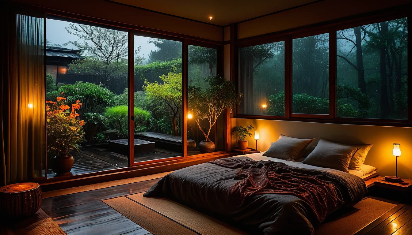 The picture shows a cozy bedroom with large windows offering views of a beautiful, dimly lit garden AND a garden filled with FLOWERS. CINEMATIC atmosphere, gloomy, dull, gloomy rain, cloudy outside JAPANESE HOUSE, dark cloudy. This room has tatami floors, shoji doors, and minimalist wooden furniture. . The bed was unmade with rumpled sheets, indicating only a light sleep. looks dim, gloomy. Beside the bed there is a small table with a classic lamp that radiates warm light into the room. Outside the window you can see the lush greenery of the terrace or balcony area, the rain is falling, the lamp on the left provides warm lighting, creating a calm and peaceful atmosphere. the room was dark, gloomy with fog obscuring part of the view in the distance. The contrast between the warmth indoors and the rain outdoors creates an inviting and calming atmosphere