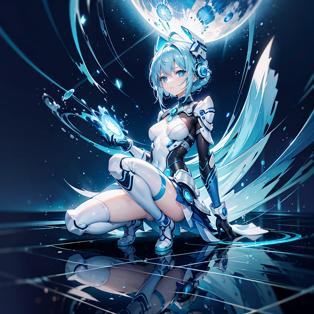 8k, Highest quality, (real:1.4), Original photo, 1 girl, Asari Hair, Biological Amplifier, Very sleek and futuristic armor, posture: Peace talks between warring factions,,attention arousal, smart blue eyes,A modest smile,Knee-high boots,Patent-look blue tights,Blue big moon and blue light swirl in the background,Blue light from behind,blue light magic,A small, glowing blue ball in the palm of your hand,Blue flame swirl,Blue Comet,Polished floor,