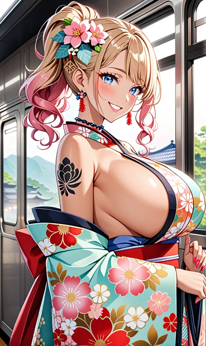 ultra-detailed, ((one girl)), (portrait), (tan skin:1.4), in pastel colors gyaru, (heavy makeup), (professional lighting) hyper detailed, absurdres, 8k, Beautiful Face, (Laugh shyly), ((teasing smile:1.5)), ((happy smile:1.5)),  ((Wink:1.6)), (Laugh with your mouth wide open),((Tilt your face:1.6)), View your viewers, ((Bright red cheeks:1.6)), Glossy shocking pink lips, ((huge breasts:1.6)),  ((undressing:1.3)),  ((Her tattoo peeked through her kimono:1.1)), noon, summer, on the train, Anime style background)),masterpiece, Highest quality, (Brighten your face), so beautiful,Latest, Complex details, ((fluorescent pink long nail:1.2)), (ring),((bracelet)), ((Floral choker)),AI-generated, Complex,High resolution, Highest quality, super high quality,3D Images、3D Images,One person, Blonde long hair ,(High Ponytail), (wavy hair:1.4), Anime woman posing for a photo, ((Fine grain、blue eyes、glowing eyes:1.4)), (Squint your eyes:1.1),a hyperRealistic , hyperRealistic , Realistic,Long blonde anime woman, Smooth anime CG art, A girl in a gorgeous pastel-colored kimono, ((Pastel-colored furisode)),(Pink large floral pattern),  (sideboob), Long flower hair ornament,Big earrings, Mature Body, tall,Narrow waist,  ((upper body)), 