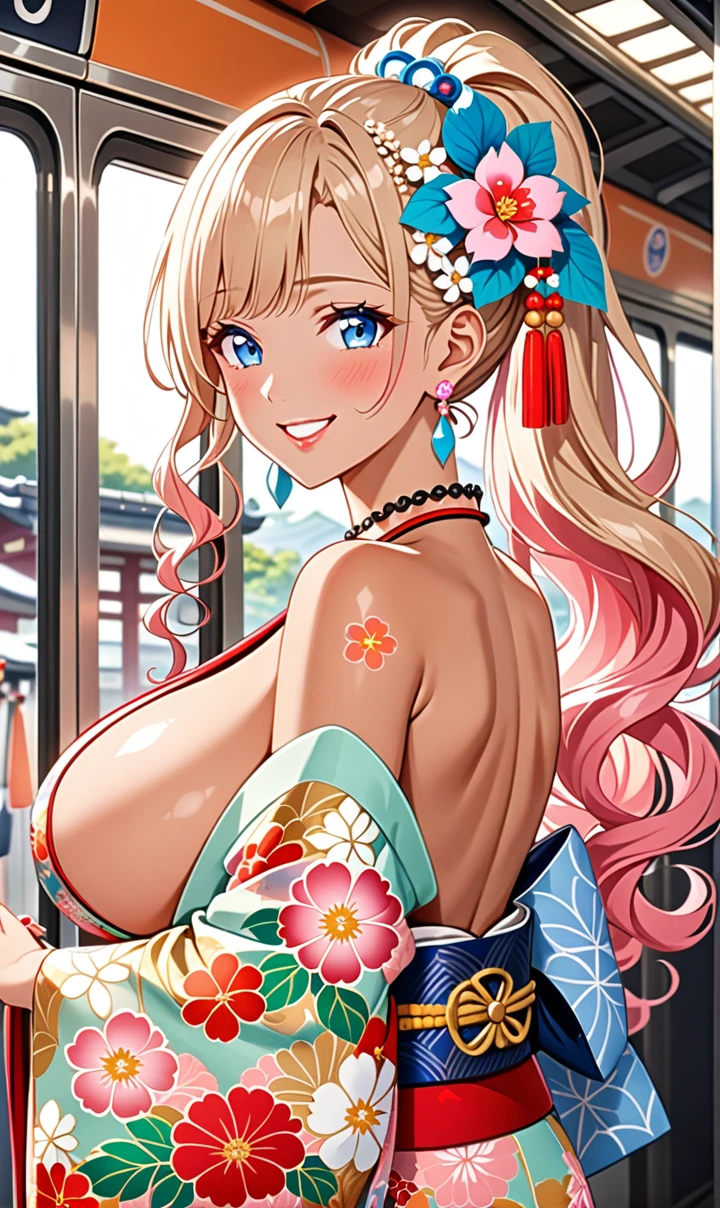 ultra-detailed, ((one girl)), (portrait), (tan skin:1.4), in pastel colors gyaru, (heavy makeup), (professional lighting) hyper detailed, absurdres, 8k, Beautiful Face, (Laugh shyly), ((teasing smile:1.5)), ((happy smile:1.5)),  ((Wink:1.6)), (Laugh with your mouth wide open),((Tilt your face:1.6)), View your viewers, ((Bright red cheeks:1.6)), Glossy shocking pink lips, ((huge breasts:1.6)),  ((undressing:1.3)),  ((Her tattoo peeked through her kimono:1.1)), noon, summer, on the train, Anime style background)),masterpiece, Highest quality, (Brighten your face), so beautiful,Latest, Complex details, ((fluorescent pink long nail:1.2)), (ring),((bracelet)), ((Floral choker)),AI-generated, Complex,High resolution, Highest quality, super high quality,3D Images、3D Images,One person, Blonde long hair ,(High Ponytail), (wavy hair:1.4), Anime woman posing for a photo, ((Fine grain、blue eyes、glowing eyes:1.4)), (Squint your eyes:1.1),a hyperRealistic , hyperRealistic , Realistic,Long blonde anime woman, Smooth anime CG art, A girl in a gorgeous pastel-colored kimono, ((Pastel-colored furisode)),(Pink large floral pattern),  (sideboob), Long flower hair ornament,Big earrings, Mature Body, tall,Narrow waist,  ((upper body)), 