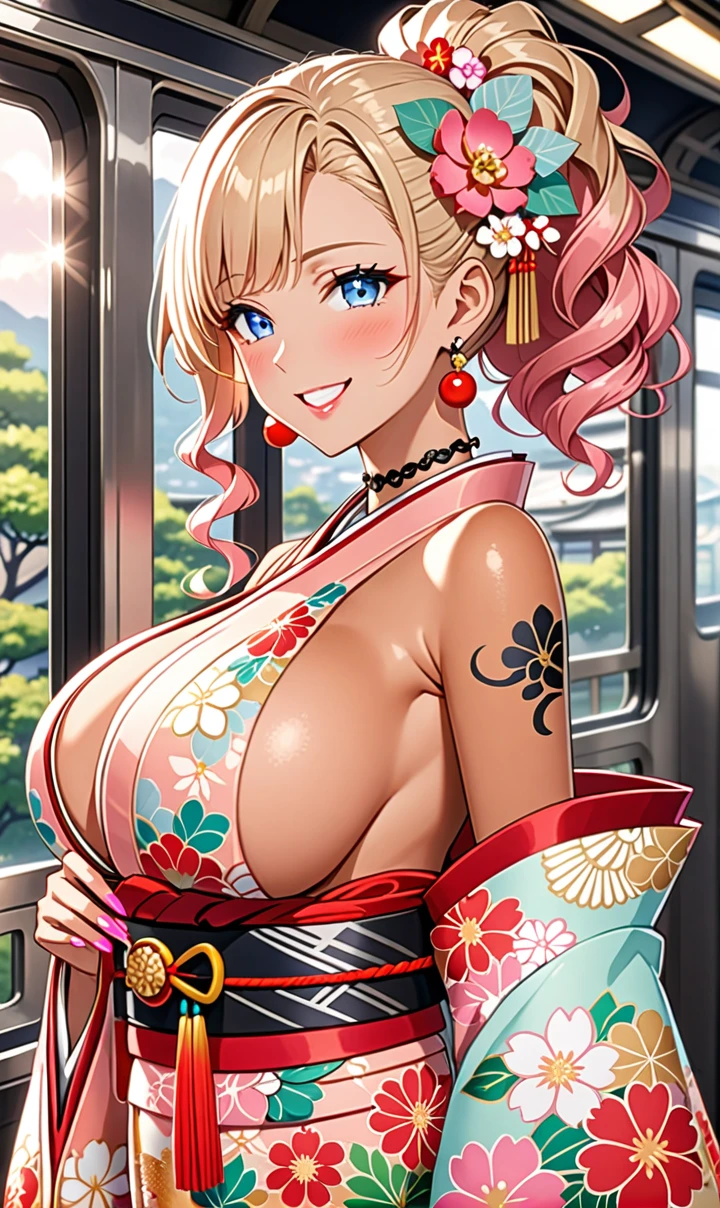 ultra-detailed, ((one girl)), (portrait), (tan skin:1.4), in pastel colors gyaru, (heavy makeup), (professional lighting) hyper detailed, absurdres, 8k, Beautiful Face, (Laugh shyly), ((teasing smile:1.5)), ((happy smile:1.5)),  ((Wink:1.6)), (Laugh with your mouth wide open),((Tilt your face:1.6)), View your viewers, ((Bright red cheeks:1.6)), Glossy shocking pink lips, ((huge breasts:1.6)),  ((undressing:1.3)),  ((Her tattoo peeked through her kimono:1.1)), noon, summer, on the train, Anime style background)),masterpiece, Highest quality, (Brighten your face), so beautiful,Latest, Complex details, ((fluorescent pink long nail:1.2)), (ring),((bracelet)), ((Floral choker)),AI-generated, Complex,High resolution, Highest quality, super high quality,3D Images、3D Images,One person, Blonde long hair ,(High Ponytail), (wavy hair:1.4), Anime woman posing for a photo, ((Fine grain、blue eyes、glowing eyes:1.4)), (Squint your eyes:1.1),a hyperRealistic , hyperRealistic , Realistic,Long blonde anime woman, Smooth anime CG art, A girl in a gorgeous pastel-colored kimono, ((Pastel-colored furisode)),(Pink large floral pattern),  (sideboob), Long flower hair ornament,Big earrings, Mature Body, tall,Narrow waist,  ((upper body)), 