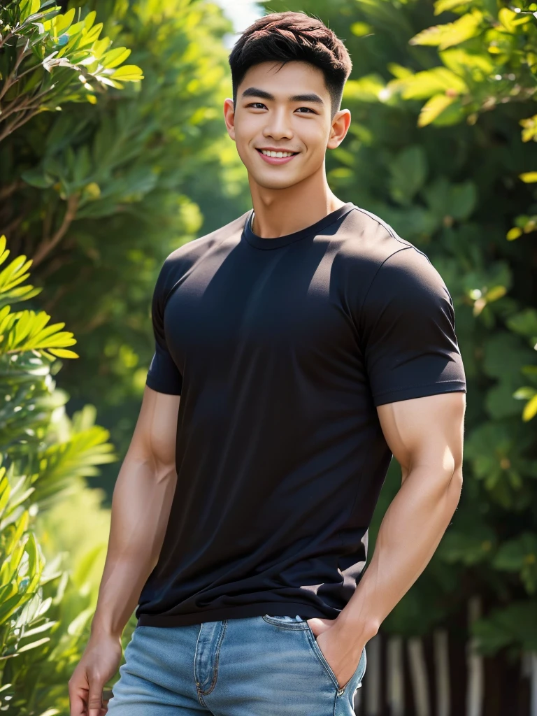 man , Brown t-shirt, jeans, black short hair , outdoor , cute smile , หน้าhandsomeแบบเกาหลีสมจริง , modest muscles , Masterpiece、High resolution、Surreal、detailed face、alone、man、Glowing skin、(Asia)、handsome、Detailed background