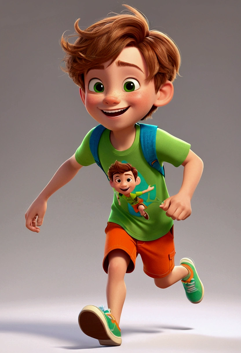 16k asymmetrical boy, Disney Pixar style, 3d, cartoon, cute, bright colors, short light brown hair, fair skin, orange short-sleeved shirt, green shorts, intricate details, running, looking to the side and down, just laughing
