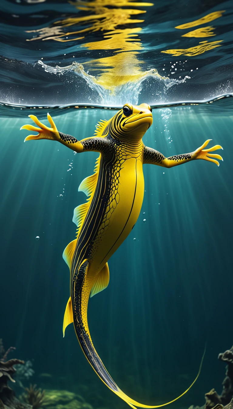 Panorama,A creature in water,Yellow body,Full of black lines(best quality,4K,8k,High level,masterpiece:1.2),Ultra Detailed,(lifelike,Photo real,Photo real:1.37),Highly detailed animals,Complex patterns,Realistic lighting,Fantasy Creatures