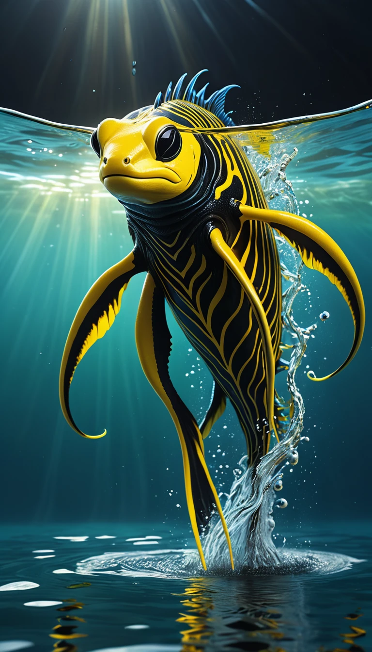 Panorama,A creature in water,Yellow body,Full of black lines(best quality,4K,8k,High level,masterpiece:1.2),Ultra Detailed,(lifelike,Photo real,Photo real:1.37),Highly detailed animals,Complex patterns,Realistic lighting,Fantasy Creatures