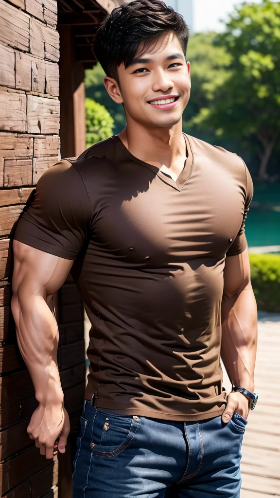 man , Brown t-shirt, jeans, black short hair , outdoor , cute smile , หน้าhandsomeแบบเกาหลีสมจริง , modest muscles , Masterpiece、High resolution、Surreal、detailed face、alone、man、Glowing skin、(Asia)、handsome、Detailed background