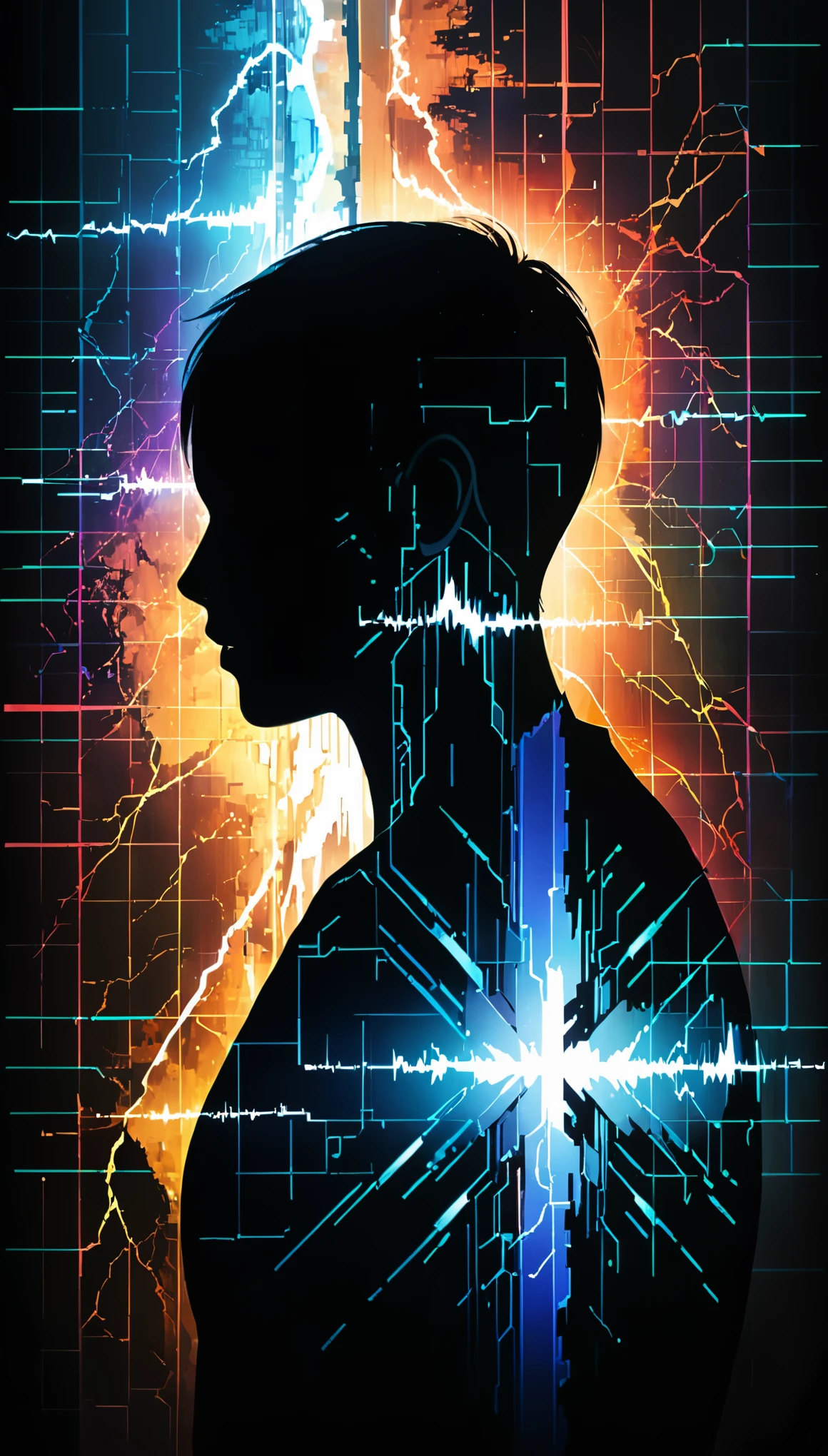 concept design,silhouette,half body,reality,photo_(medium),realistic,mosaic,(electronic fault effect:2.1),time-lapse,sci-fi style background,glitch,Extreme Flash，Disorder