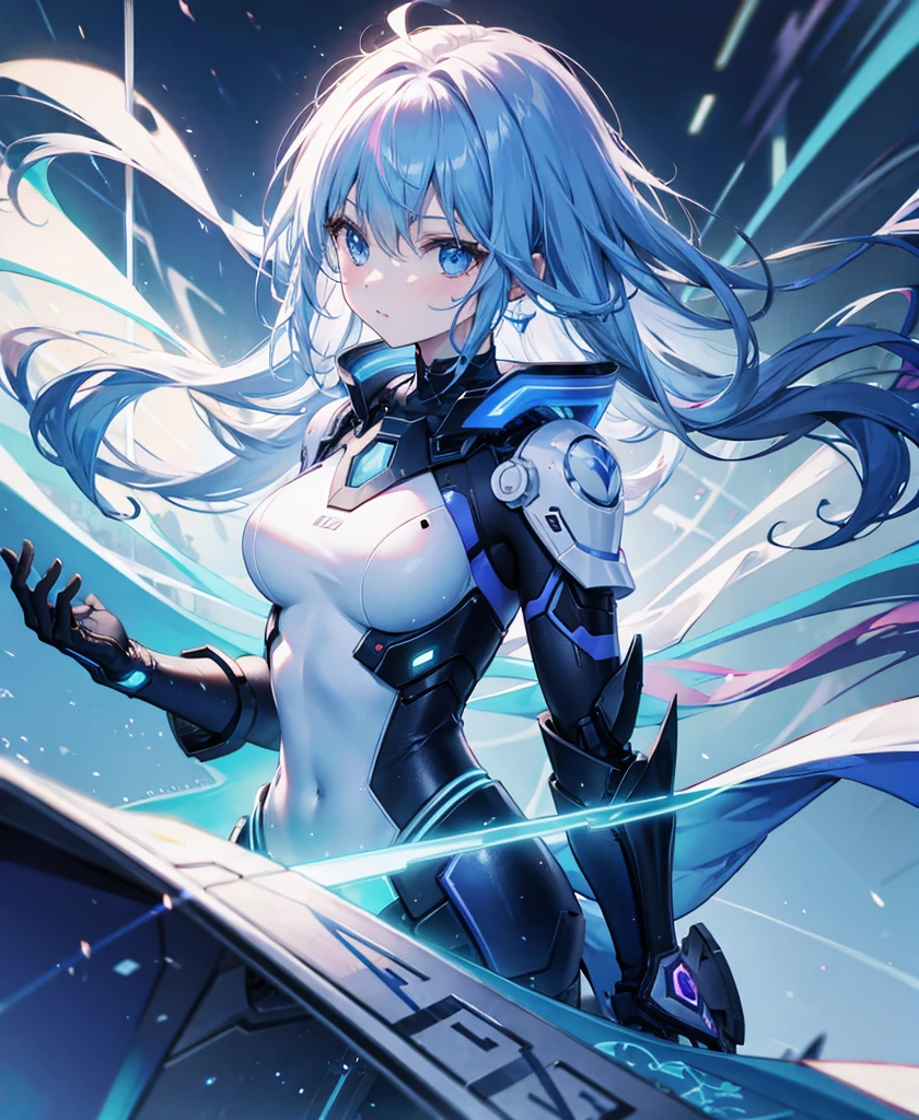 ((Holographic glow effect)),8k, Highest quality, (real:1.4), Original photo, 1 girl, Asari Hair, Biological Amplifier, refined armor, posture: Peace talks between warring factions, smart blue eyes,whole body,Vortex of Light,Band of Light