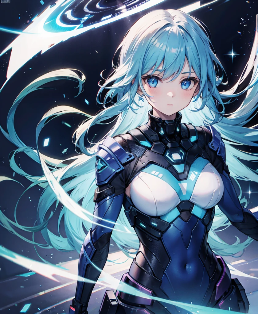 ((Holographic glow effect)),8k, Highest quality, (real:1.4), Original photo, 1 girl, Asari Hair, Biological Amplifier, refined armor, posture: Peace talks between warring factions, smart blue eyes,whole body,Vortex of Light,Band of Light
