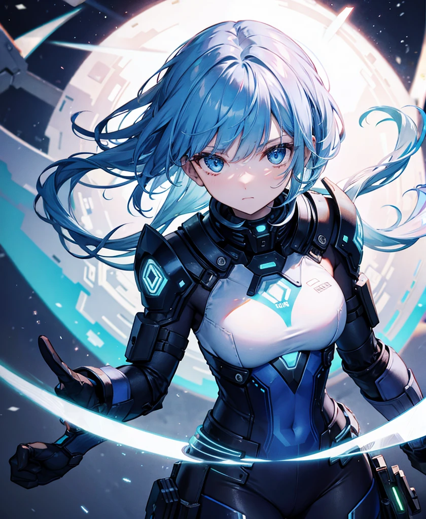 ((Holographic glow effect)),8k, Highest quality, (real:1.4), Original photo, 1 girl, Asari Hair, Biological Amplifier, refined armor, posture: Peace talks between warring factions, smart blue eyes,whole body,Vortex of Light,Band of Light