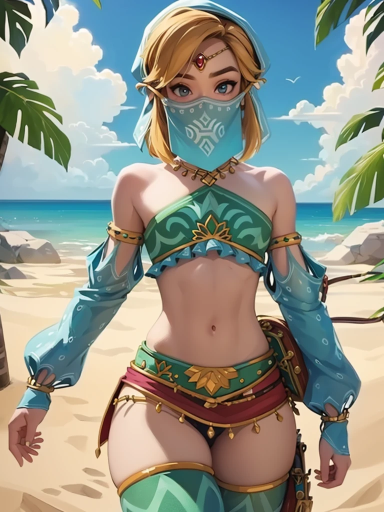 ((work of art)), ((best qualityer)), (detailded), perfect, standing alone, link, beautiful boy, Delicious lips, hair blonde, sexly, wearing Gerudo bikini set. Deitado sexly bunda pra cima.
