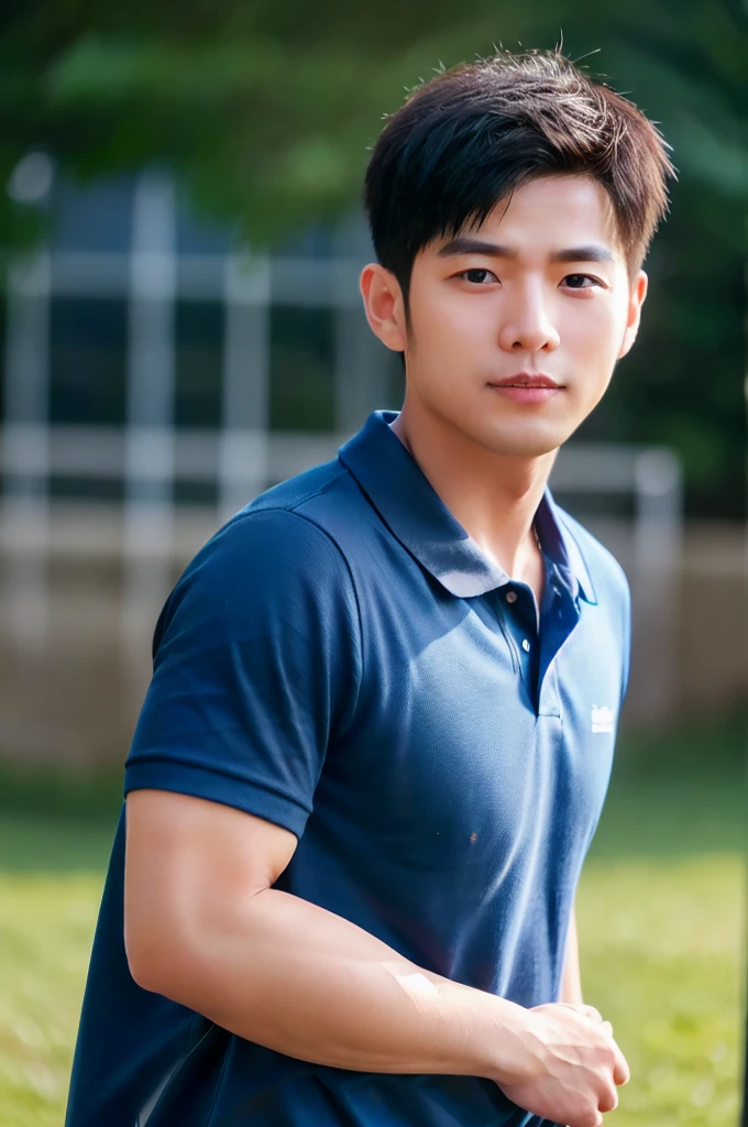 ((Highest quality, 8k, Masterpiece: 1.3))、Thailand Laos Burma Asia, Thai man, A handsome Asian rugby player with short hair, a muscular beard, and big muscles., 1A man who has、20 yo、Good appearance、Beautiful nose、smile、 Detailed eyes and face、beautiful light、(studio)、high resolution、(Look at the viewer.)、Fine mouth、smile、whole body: 1.5, perfect shape: 1.3, looking at camera ,Blue Polo Shirt, ((field)), sunlight looking at the field