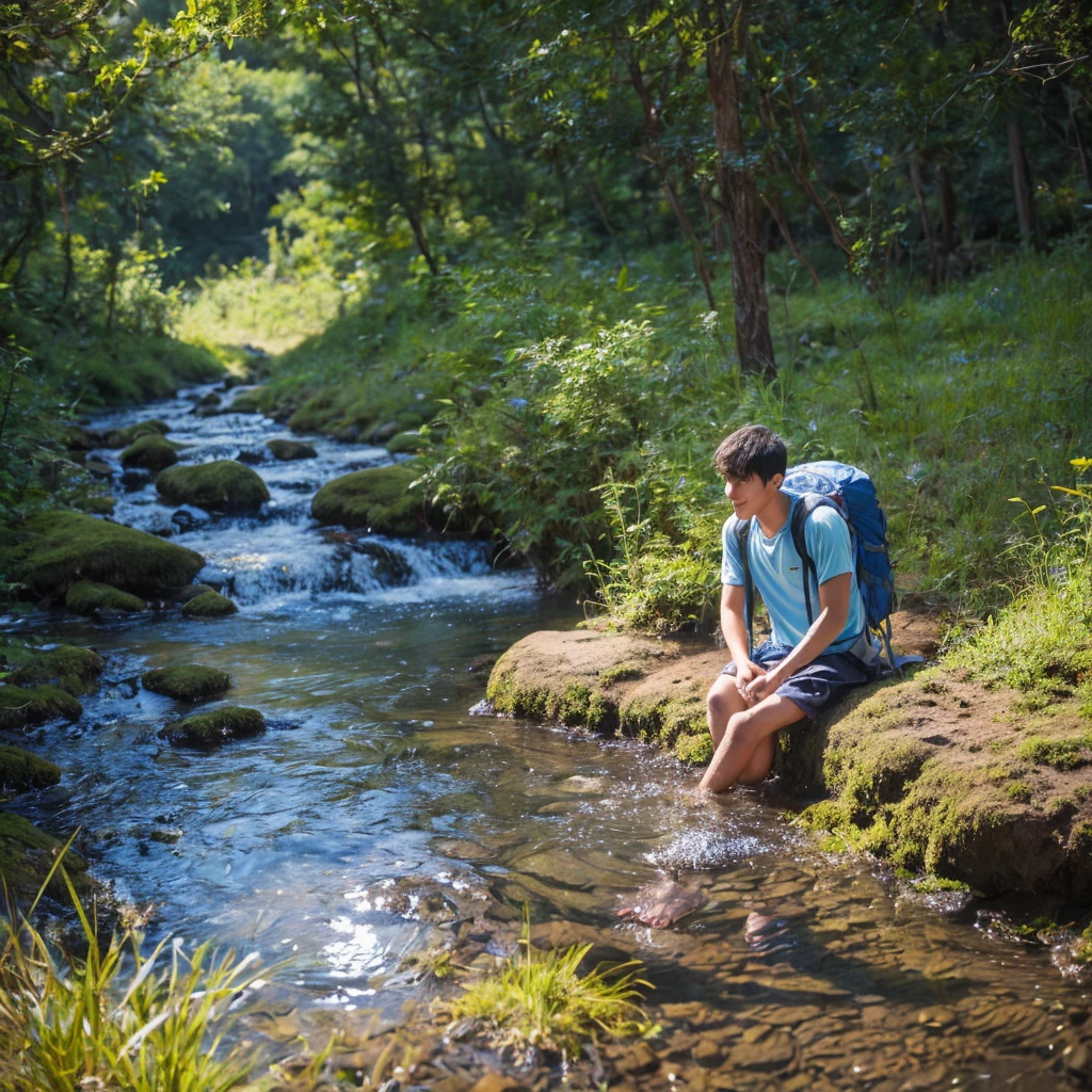 Noi, young man, traveler After hiking for many days, he was tired and thirsty and decided to stop by a stream. The water flows cool and cool. Reflecting the glittering moonlight