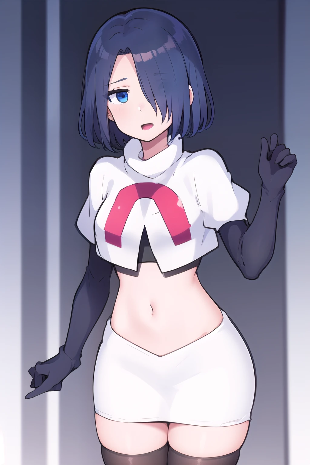 1girl,  kirishima touka, blue hair, hair over one eye, blue eyes, team rocket,team rocket uniform,white skirt,red letter R,crop top,black thigh-highs,black elbow gloves