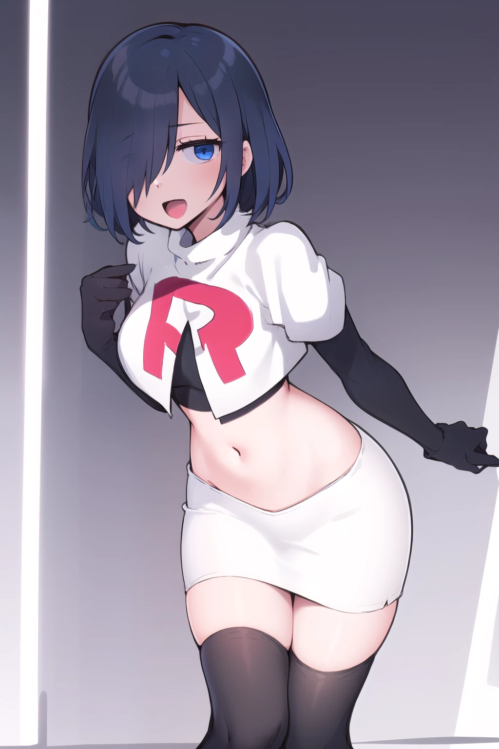 1girl,  kirishima touka, blue hair, hair over one eye, blue eyes, team rocket,team rocket uniform,white skirt,red letter R,crop top,black thigh-highs,black elbow gloves