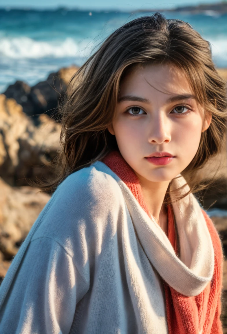 (best quality,4k,8k,highres,masterpiece:1.2),ultra-detailed,(Ultra-realistic, photorealistic,photo-realistic:1.37), 1 beautiful young Japanese Italian half model, 17yo, She's posing in a way that emphasizes her breasts, seductive pose, (sitting on coral coast in Australia:1.5), detailed eyes, high nose, blue eyes, delicate facial features, long eyelashes, peaceful expression, colorful dress, detailed folds and textures, Sparkling Waves, warm vibrant colors, cinematic lighting, 8k, high quality, photorealistic, studio lighting, detailed texture, vivid colors, toned body, detailed moist skin texture,