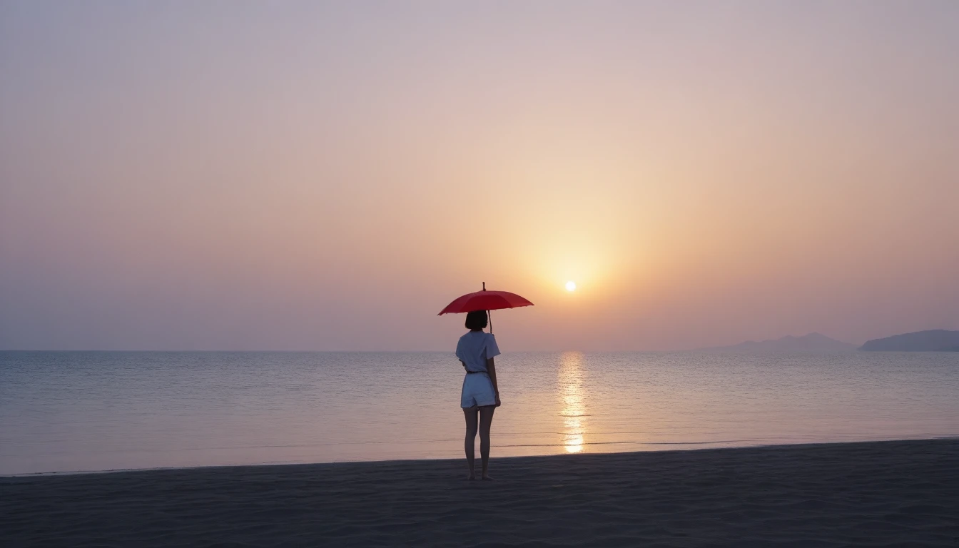 8k, Vivid picture quality, long deserted beach, looking at the sea from afar, short hair woman, tower, White shorts, red light of sunset, alone, afternoon, depressed, tide가 밀려온다, ocean, tide, black umbrella , wind, short korean girl
