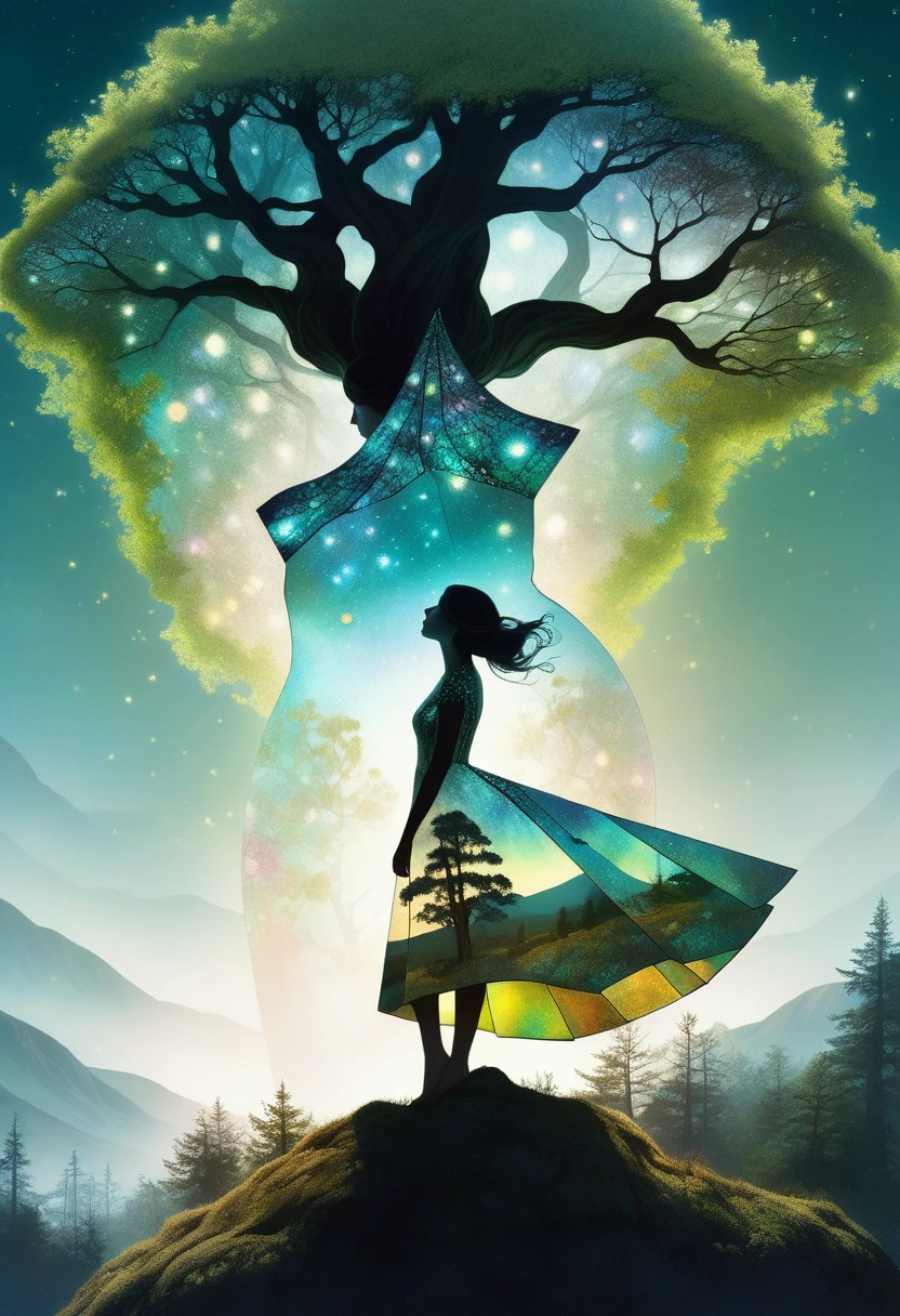 (Elf),(nature), Green Leaves, Adventure, Aether, Kraken,  Nebula, Verdant, Canvas Voyage, Lovely, Grateful [:vintage cars:15], (Double exposure:1.3) photo of elf made of mosaic of iridescent crystal glass with sub scattering mirror surface imposing onto transparent tree hollow trunk in living brocade underbust dress made out of flowers, bokeh sky by Peter Gric, Conrad Roset, Brandon Kidwell, Andreas Lie, Dan Mountford, Dan Witz, Agnes Cecile, Jeremy Mann, fine art, super dramatic moonshine, silhouette photo illustration, amazing depth, intricate detailed fine cracked surface, stunning atmosphere, mesmerizing whimsical vibrant scenery, complex masterwork by head of prompt engineering