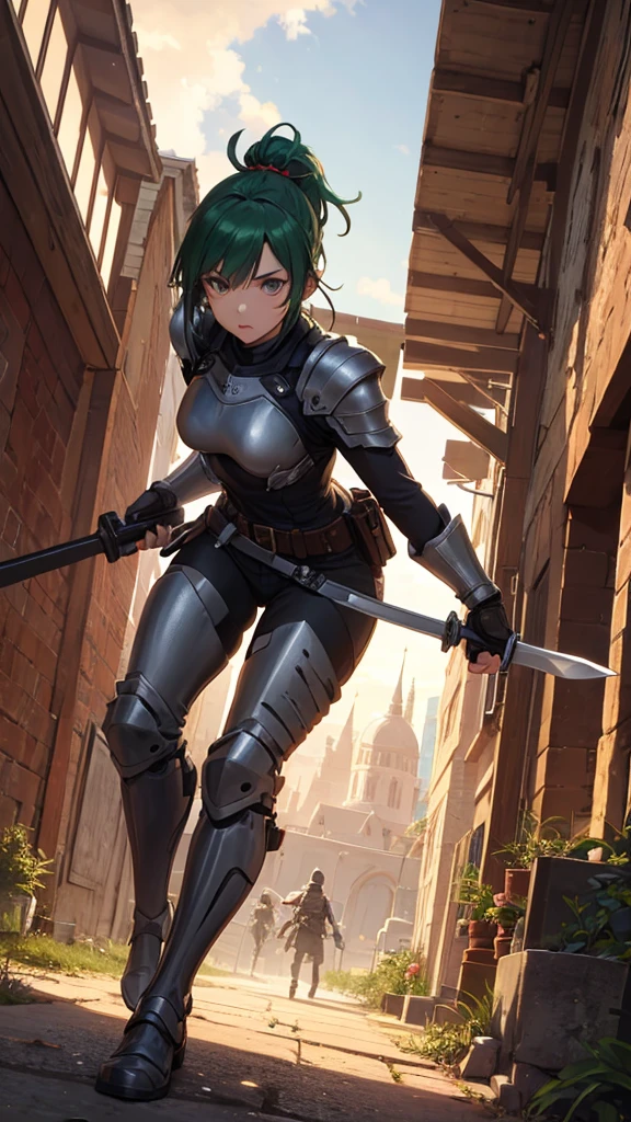 GtsGiga,knight,steel plated armor,green accents,muscalr,fair skin ton,giantess art,cityscape,Rampage, short hair,blonde,french braids,best quailty,masterpiece,mature meduim bosom,solo,1girl,dark knight