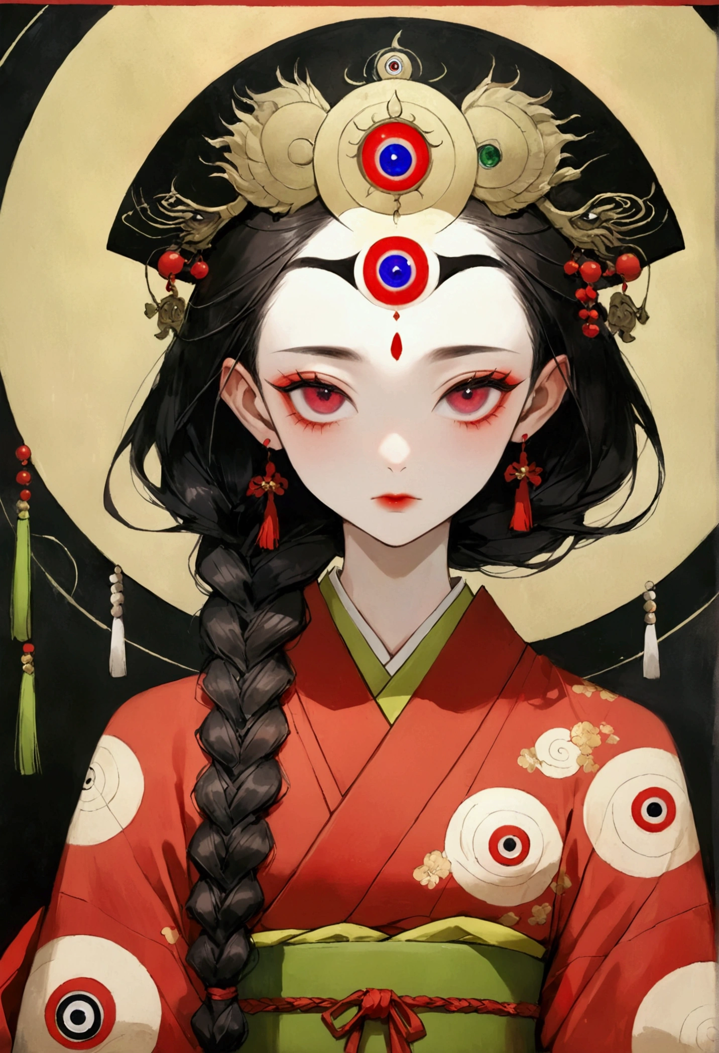 Art Illustration,Dark Style,(((1 Girl,Double braid,独奏,third eye on the forehead,))),(((Gorgeous Japanese red kimono:1.6,Eye Diagram,Dark Pattern))).(((Thin waist,Greenbelt:1.37)))whole body