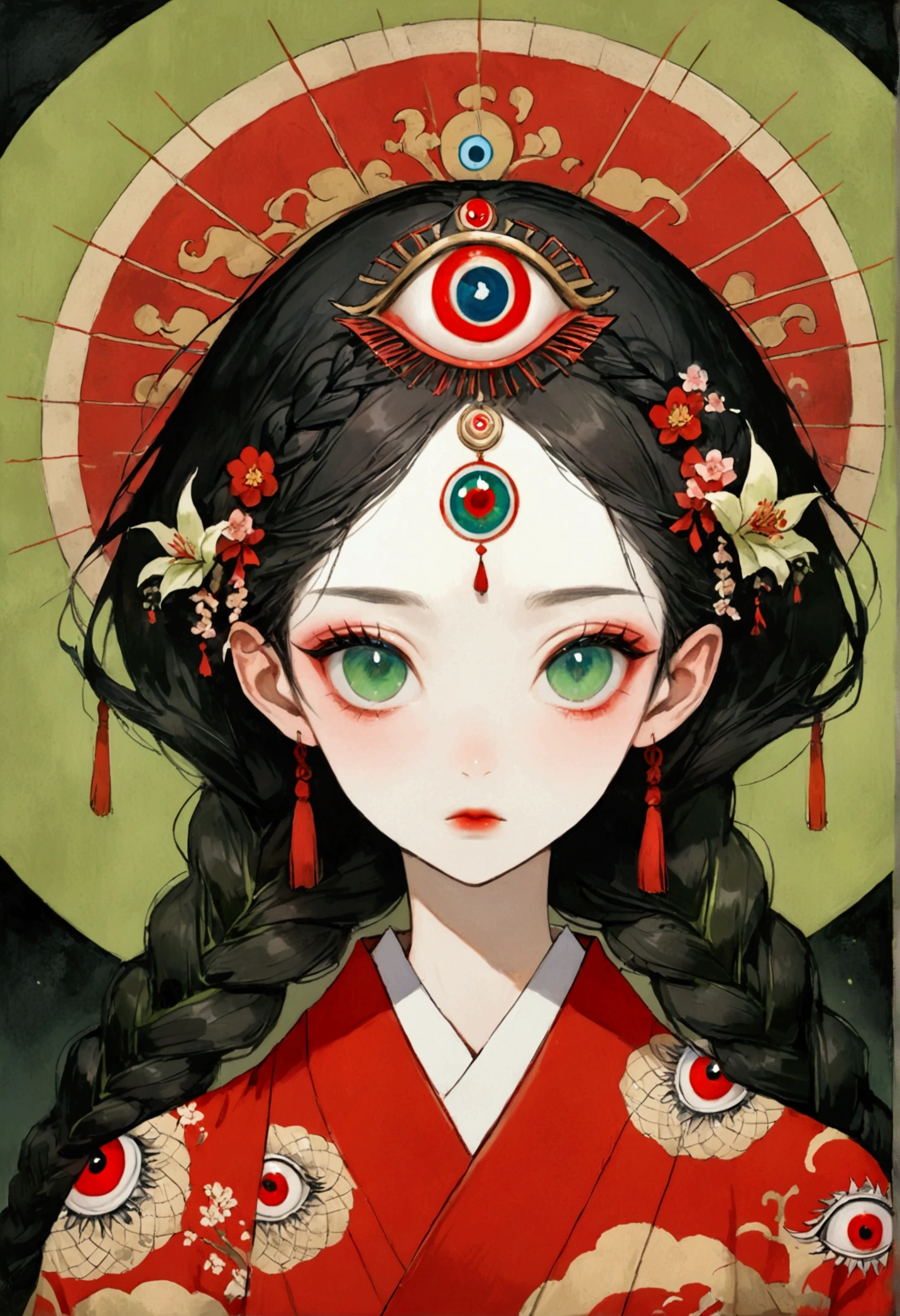 Art Illustration,Dark Style,(((1 Girl,Double braid,独奏,third eye on the forehead,))),(((Gorgeous Japanese red kimono:1.6,Eye Diagram,Dark Pattern))).(((Thin waist,Greenbelt:1.37)))whole body