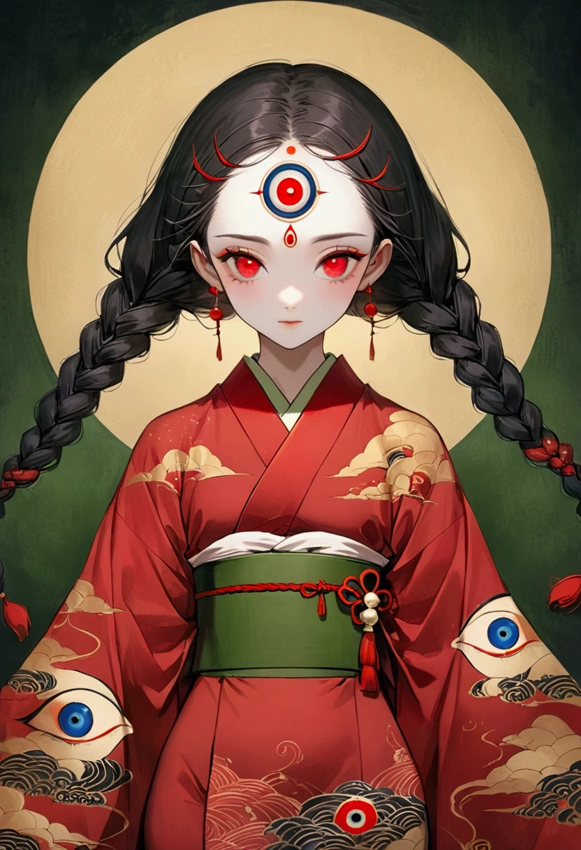 Art Illustration,Dark Style,(((1 Girl,Double braid,独奏,third eye on the forehead,))),(((Gorgeous Japanese red kimono:1.6,Eye Diagram,Dark Pattern))).(((Thin waist,Greenbelt:1.37)))whole body