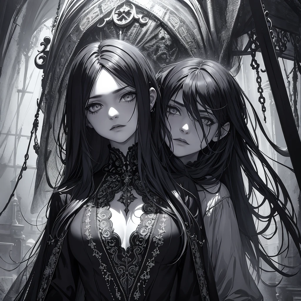 ionism, dark and moody, black and white, hauntingly beautiful, intricate details of characters' facial features, magical elements, eerie atmosphere, theatrical lighting, deep shadows, intense emotions, dramatic composition, mystical and surreal.