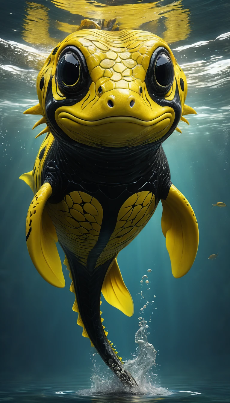 Panorama,A creature in water,Yellow body,Full of black lines(best quality,4K,8k,High level,masterpiece:1.2),Ultra Detailed,(lifelike,Photo real,Photo real:1.37),Highly detailed animals,Complex patterns,Realistic lighting,Fantasy Creatures