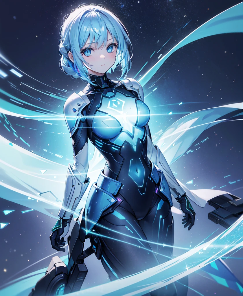 ((Holographic glow effect)),8k, Highest quality, (real:1.4), Original photo, 1 girl, Asari Hair, Biological Amplifier, refined armor, posture: Peace talks between warring factions, smart blue eyes,whole body,Vortex of Light,Band of Light