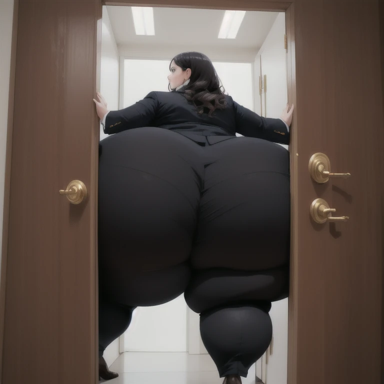 masterpiece, 1girl behind a doorway, from behind, (doorstuck, stuckbehind:1.3), huge hips, round belly, thick thighs, giant butt,colorful clothing, wearing a brown suit and tie and formal pants, upset, desperately trying to wiggle through, she tries to free herself but she won't budge, she is stuck tight view from behind, she is too wide, the doorway is quite narrow too, she is kicking her legs furiously