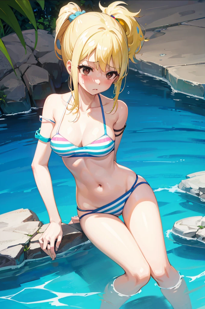 Bikini with random pattern,,Blushing、Pale brown eyes、Blonde、Side Ponytail、Medium Hair、、Head to toe full body、Blushing、Embarrassed look、Composition from the front、A view from slightly below、school swimwear、Acme Face、Random pose、, 、nsfw、Highest quality、1 girl、solo、Ocean、Sandy Beach、Sexy pose、Random pose、Blushing、Wet、Embarrassed、I can see half of my 、、One piece swimsuit、(Strap slip:1.3)、Sexy Bikini、