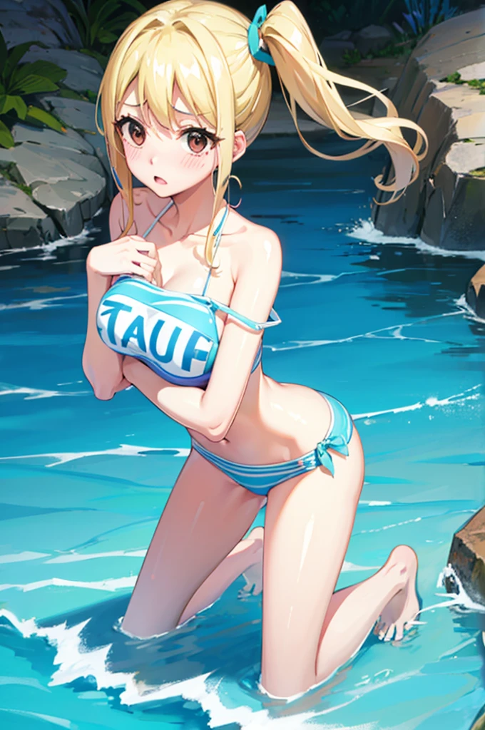 Bikini with random pattern,,Blushing、Pale brown eyes、Blonde、Side Ponytail、Medium Hair、、Head to toe full body、Blushing、Embarrassed look、Composition from the front、A view from slightly below、school swimwear、Acme Face、Random pose、, 、nsfw、Highest quality、1 girl、solo、Ocean、Sandy Beach、Sexy pose、Random pose、Blushing、Wet、Embarrassed、I can see half of my 、、One piece swimsuit、(Strap slip:1.3)、Sexy Bikini、