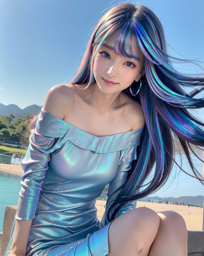(Highest quality, 32K, High resolution, Masterpiece:1.5), marimo_jet, god々A photograph with brilliant dazzling and healing power., Evoking a sense of calm and elusive beauty, Expressing emotions, Have a rich imagination,Beautiful Japanese Girls, An exceptionally beautiful face, ((Low angle forward leaning:1.3)), Small Face Beauty, Perfect Human Anatomy, Magical big eyes, Motherhood and generosity, Deep Love, fleeting smile, ((Iridescent gradient hair:1.4)), ((Super Long Straight Silk Hair:1.3)), Asymmetrical bangs, Hair between the eyes, Transparent, soft white skin, Sharp eyebrows, Thin lashes, Natural Makeup, Cheek highlighter, Pale pink detailed lips, ((Blue off-shoulder dress:1.3)), High resolutionの完璧な鎖骨, High resolutionの美しい胸元, Slim figure with ample breasts, High resolutionの美しい太もも, ((Detailed blue sky background:1.2)), Professional Lighting, Professional photographer, Professional models, god秘的