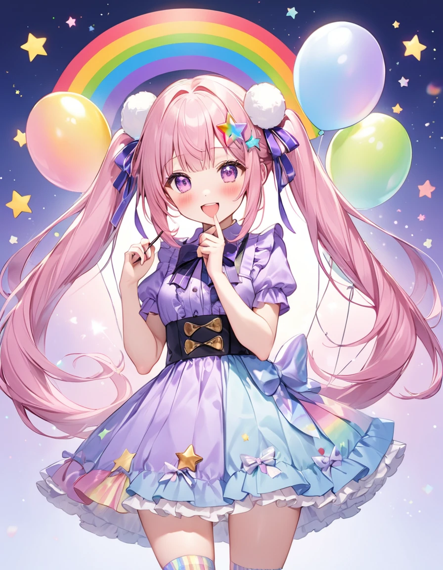 (whole body, legs and shoes visible: 1.2)) Expressive eyes, One girl, Pale skin, Long Hair, Windblown Hair, ((absurdly Long Hair)), Long Side Lock, Princess bangs, Hair bangs, Hair Bun, ((Very long twin tails)), Rainbow Hair, Light pink hair, blush, full face blush, big sparkling Pastel Purple eyes, (Gradient Eye), Laughing with your mouth open, cute pose, ((Holding a balloon : 1.3)) ((cute and pastel fashion)) ((🦄🎠🎈🎉 theme : 1.4)) A loose pastel dress, ((Dreamy multi-colored open dress)), (Floating ribbon), Lavender Frill, Pink frills, (Light blue lace), Removable short sleeves, Fluffy skirt, ((Rainbow and star printed skirt : 1.3)), Lolita Skirt, Purple ribbon, ((pom pom ribbon hair ornament : 1.4)), Multiple Bows, Striped lace stockings, (heart型のレッグガーター), cute (Pastel Purple) shoes ((Ultra-detailed clothing and fashion)) I&#39;m watching you, Vintage Girl, blush, (Beautiful attention to detail), (Highly detailed CG Unity 8k wallpaper) (Best Shadow), ((Very delicate and beautiful)), (Detailed light), ((Depth of written boundary)) Big Head, Big, bright eyes, Moe, Splash Art, Cinema Lighting, Front view, volumetric lighting maximalist photo illustration k resolution high resolution intricate detailed complex key visuals precise linear ((Dreamy pastel sky background, Surrounded by sunset clouds, shooting star, Castle above the clouds)) ((Ultra-detailed landscapes, Foggy clouds, Hung by balloons, heart : 1.3))